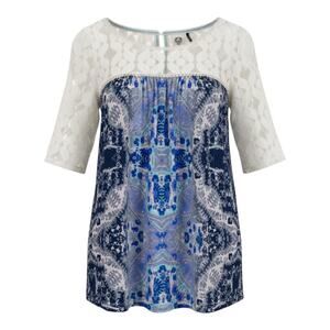 Akemi + Kin Anthropologie cream lace blouse with split neckline, keyhole button,